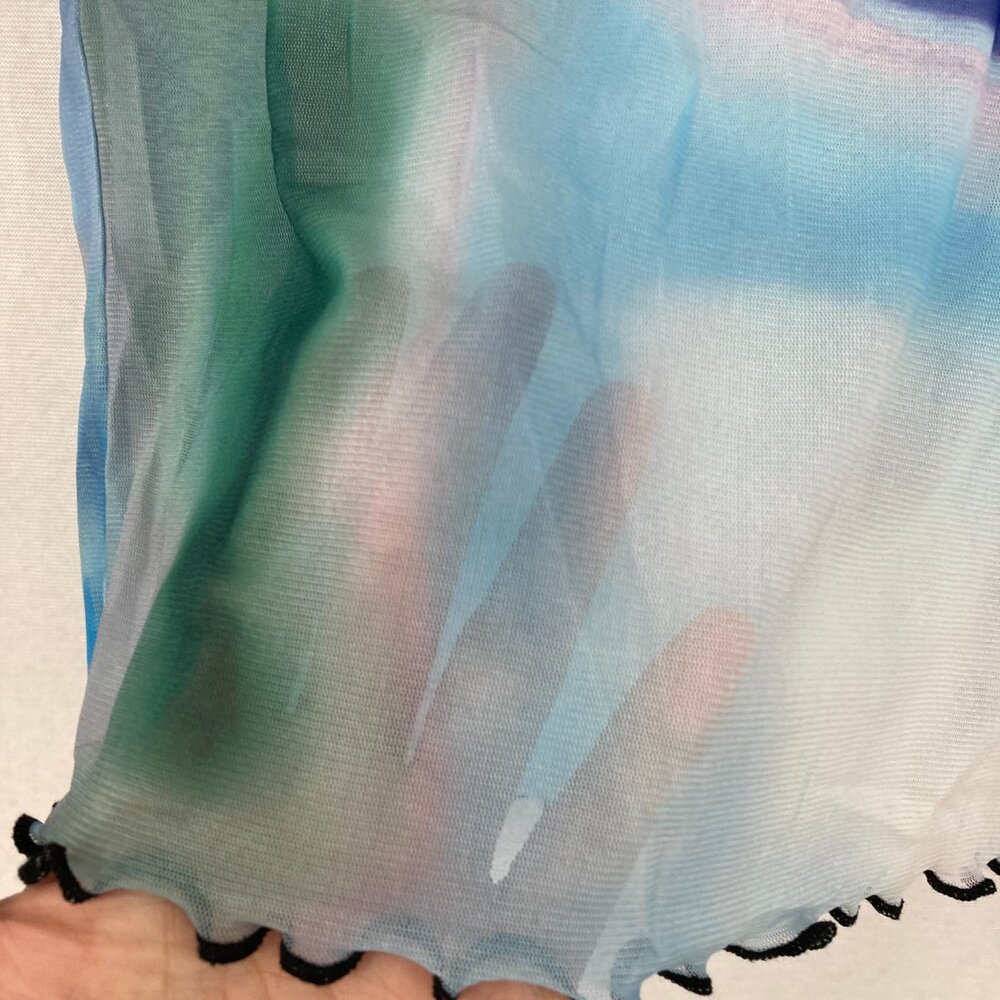 Women's size Small Blue Multi Abstract Artsy Mesh Sheer Lettuce Hem Stretch - Picture 6 of 10